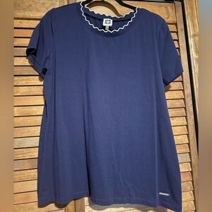 Anne Klein Navy Short Sleeve Top with White Scalloped Trim